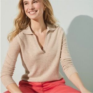 J. McLaughlin Alyce Cashmere Polo Sweater in Champagne Beige, Size XL